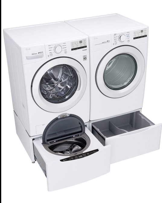 Ensemble Laveuse et Sécheuse LG WM3400CW et DLE3400W avec kit de superposition WD300CW et piédestal WDP6W – 27" Blanc