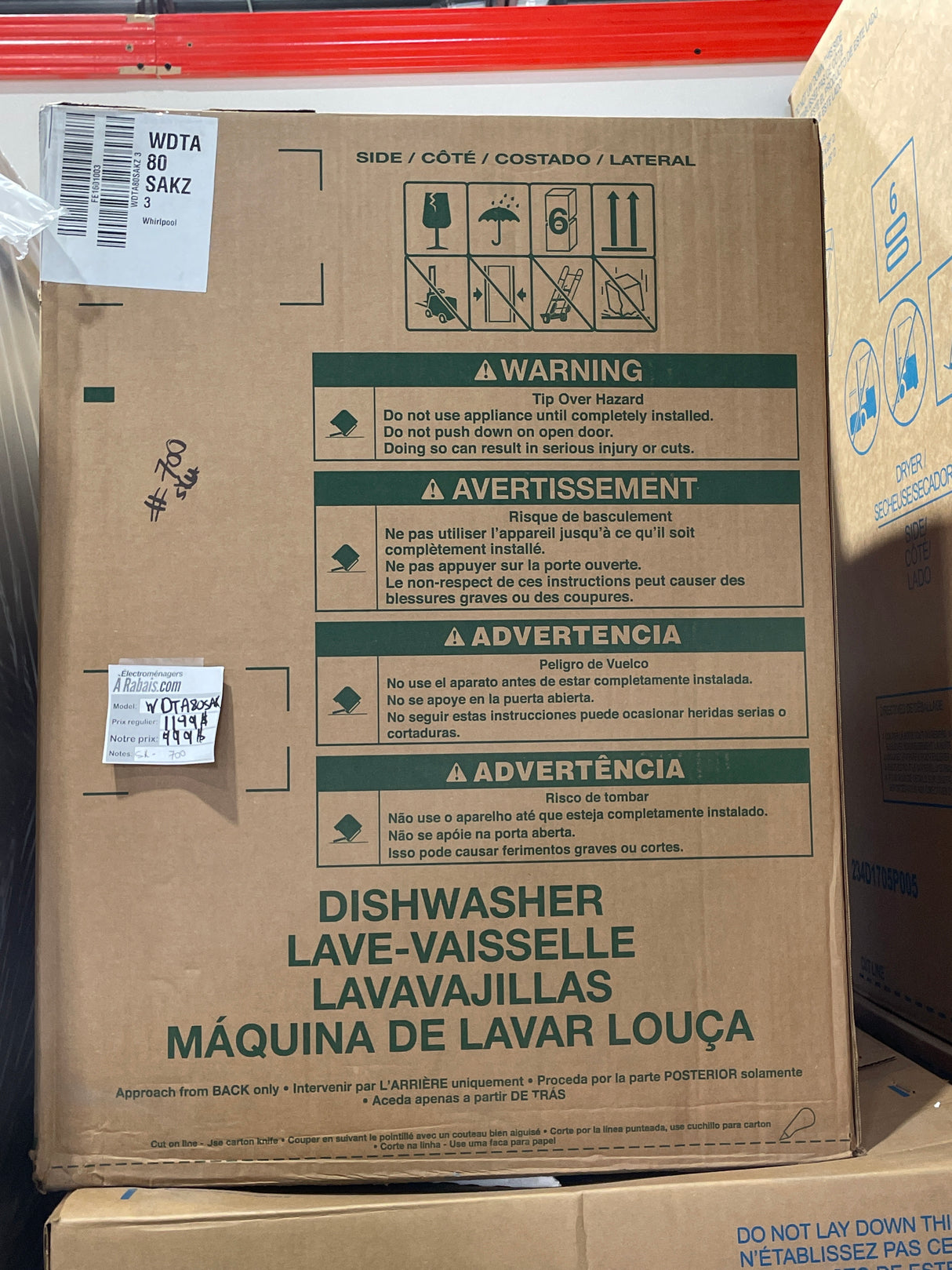 WDTA80SAKZ3 - DISHWASHERS -  Whirlpool  -  Front Controls - Stainless Steel - Open Box